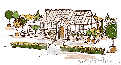 Colored freehand drawing of glasshouse or building surrounded by bushes and trees growing in pots. Sketch of facade of Vector Illustration