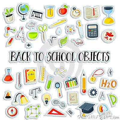 Colored Funny Back to School supplies, elements and objects. Autumn back to school supplies in funny doodle cartooning Vector Illustration