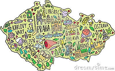 Colored funny Hand drawn doodle Czech Republic map. Czech city names lettering and cartoon landmarks, tourist attractions cliparts Stock Photo