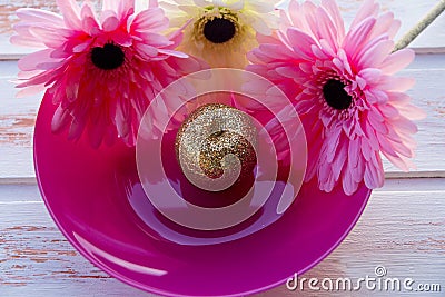 Colored gerberas on a pink plate with a Golden Apple. Still life in nature. Stock Photo