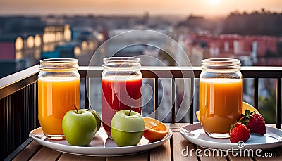 Colored glasses, jars of fruit juice and plates with healthy snacks located on the balcony, healthy eating concept, Cartoon Illustration