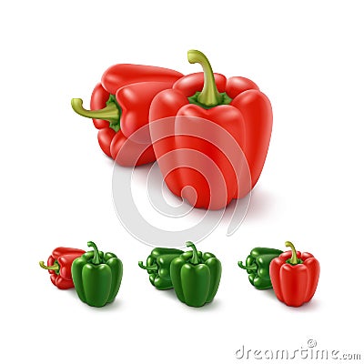 Colored Green and Red Sweet Bulgarian Bell Peppers, Paprika Vector Illustration