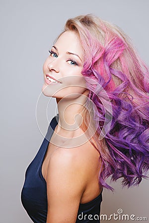 Colored hairs. Portrait of beautiful smiling women in studio Stock Photo