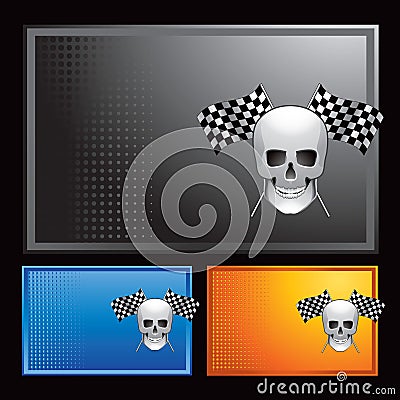 Colored halftone banner with racing skull and flag Vector Illustration