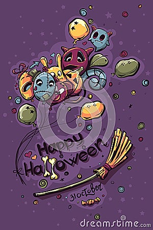 Colored Halloween doodles - Ghosts with balls on broomstick Vector Illustration