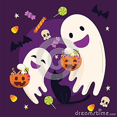 Colored halloween image pair of happy ghost with candies Vector Vector Illustration