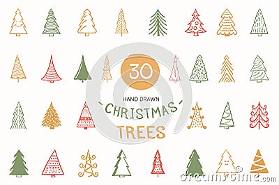 30 Colored hand drawn Christmas trees, vector eps10 illustration Vector Illustration