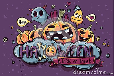 Colored hand drawn Halloween doodles Vector Illustration