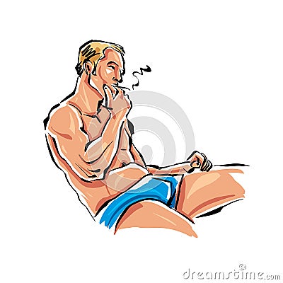 Colored hand drawn illustration of a relaxed smoking fair-haired man. Vector Illustration