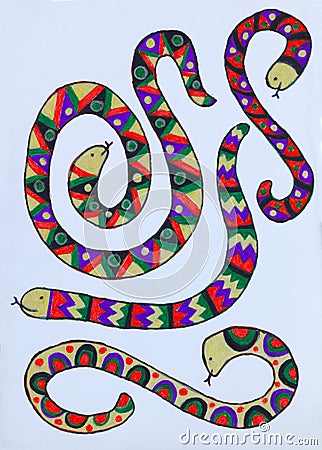 Colored hand drawn picture of patterned snakes. Stock Photo