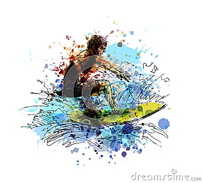 Colored hand sketch surfer Cartoon Illustration