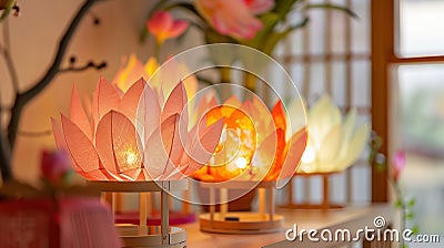 Colored lanterns on Vesak day for celebrating Buddha's birthday in Eastern culture, that made from paper and candle Stock Photo