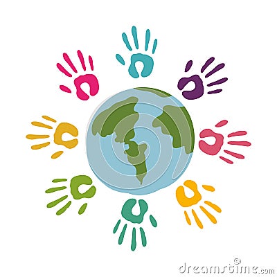 colored hands around of world Cartoon Illustration