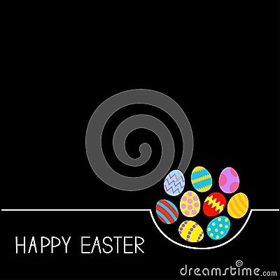 Colored Happy Easter egg set White line Black background Flat design Vector Illustration