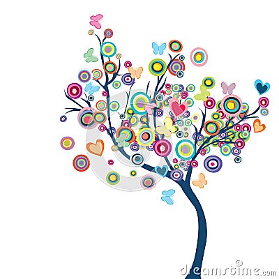 Colored happy tree with flowers and butterflies Vector Illustration