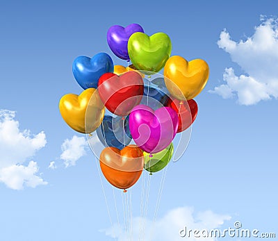 Colored heart shape balloons on a blue sky Stock Photo