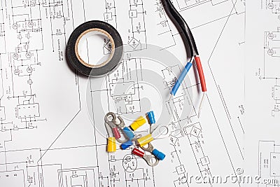 Colored heat shrink tubing, electrical tape and terminals Stock Photo