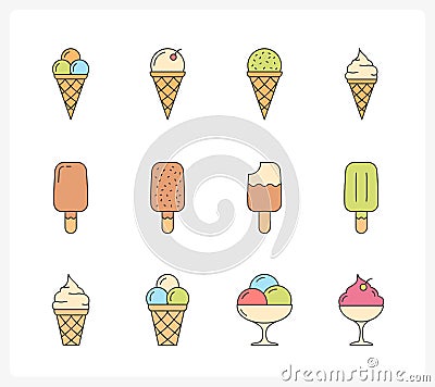 Colored Ice Cream Line Icons Vector Illustration