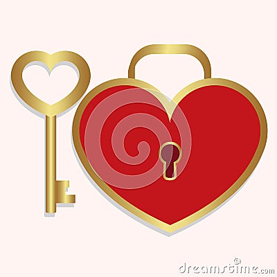 Colored icon key and lock heart shaped red with gold on a white Vector Illustration