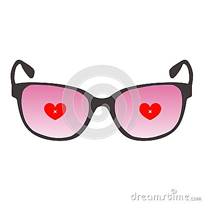 Colored icon sunglasses with pink glasses with hearts inside. Vector Illustration