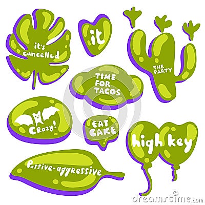 Colored icons in a bright fluorescent purple and green color. Collection of vector glossy stickers on white background. Cool Stock Photo
