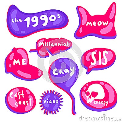 Colored icons in a bright fluorescent purple and pink style. Collection of vector multicolored glossy stickers on white background Stock Photo
