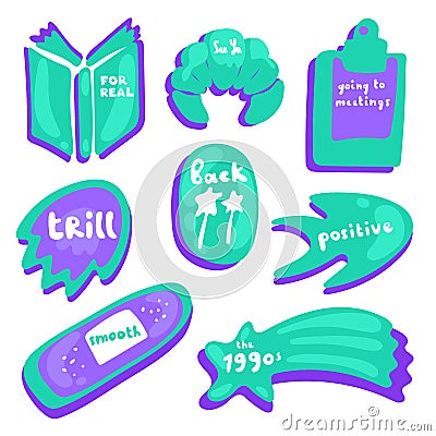 Colored icons in fluorescent purple and turquoise color. Collection of vector glossy stickers on white. Teens millenials culture. Stock Photo
