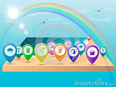 Colored icons pointers on the beach, labels for the map, the designation of important places on the place of rest. Vector illustra Stock Photo