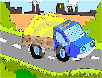 Colored illustration background of a dump truck Cartoon Illustration