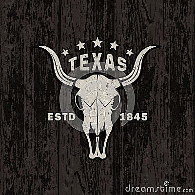 Colored illustration of a bull skull, text and stars on a background with a wood texture. Vector Illustration