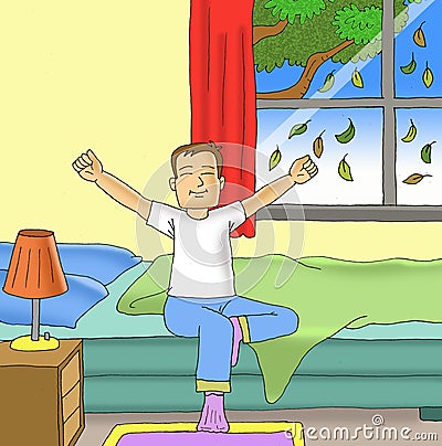 illustration of a man stretching his arms when he wakes up in the morning Cartoon Illustration