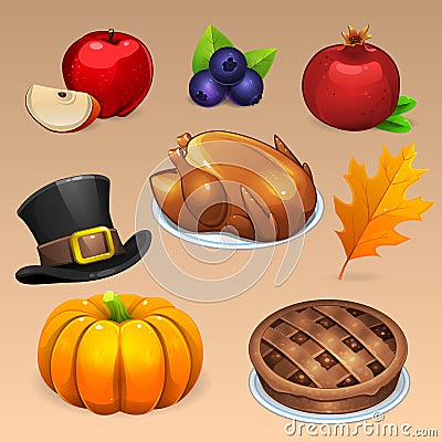 Thanksgiving Day food icons set Vector Illustration