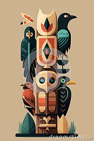Colored Indian Wooden totem pole with tiki mask and eagle. Vector cartoon illustration Cartoon Illustration