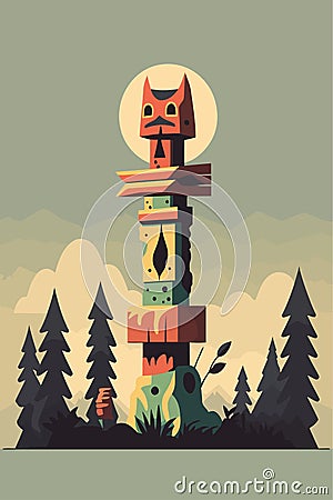 Colored Indian Wooden totem pole with tiki mask and eagle. Vector cartoon illustration Cartoon Illustration