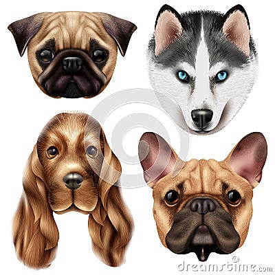 Realistic Dog Breed Icon Set Vector Illustration