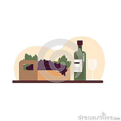 Colored items of homemade wine in bottle and organic grapes in box Vector Illustration