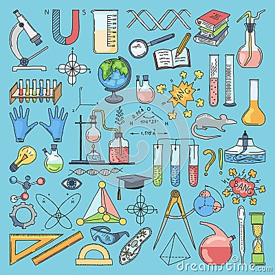 Colored items of science biology and chemical. Vector hand drawn illustrations Vector Illustration