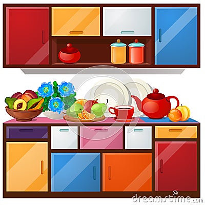 Colored kitchen cupboard, dishes and fresh fruit isolated on white background. Vector cartoon close-up illustration. Vector Illustration