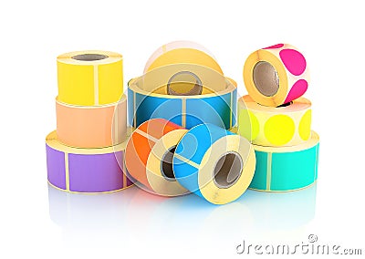 Colored label rolls on white background with shadow reflection. Color reels of labels for printers. Stock Photo