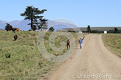 Colored landscape photo of men walking down a dirt road. Editorial Stock Photo