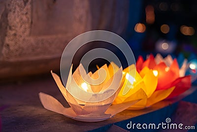 Colored lanterns and garlands at night on Vesak day for celebrating Buddha`s birthday in Eastern culture, that made from paper an Stock Photo