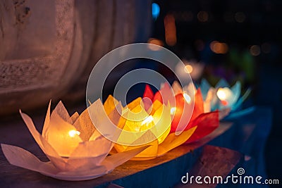 Colored lanterns and garlands at night on Vesak day for celebrating Buddha`s birthday in Eastern culture, that made from paper an Stock Photo