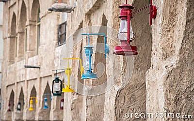 Colored lanterns hanging in old town Souq Waqif, Doha, Qatar Stock Photo