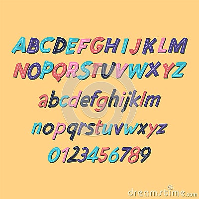 Colored Latin alphabet. Children`s font in cute cartoon style. Uppercase and uppercase letters and numbers. Vector Illustration