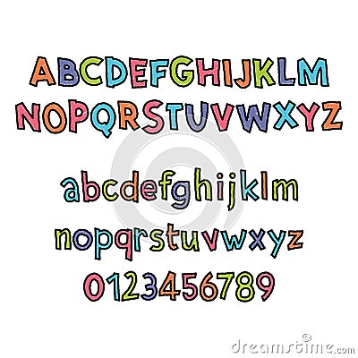 Colored Latin alphabet. Children`s font in cute cartoon style. Uppercase and uppercase letters and numbers. Vector Illustration