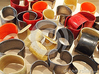 Colored leather bracelets in the local market. Souvenirs. Stock Photo
