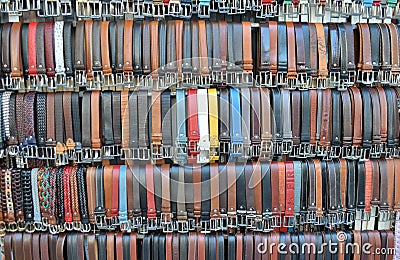 Colored leather trouser belts Stock Photo