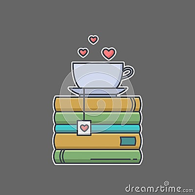 Colored line icon of pile of books and tea cup Cartoon Illustration