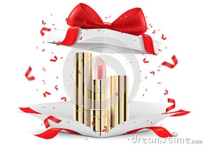 Colored Lipsticks, lip glosses inside open gift box, isolated on white background. White gift box with cosmetic items. Present, Vector Illustration