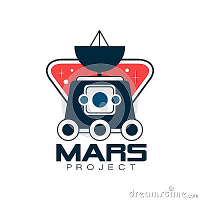 Colored logo with Mars exploration rover. Astronomy science project, journey into space. Emblem in line style. Flat Vector Illustration
